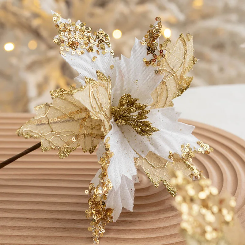 Hot Selling Christmas Flowers Golden  For Christmas Tree Decorations 20cm Sequined Flannel Christmas Flower