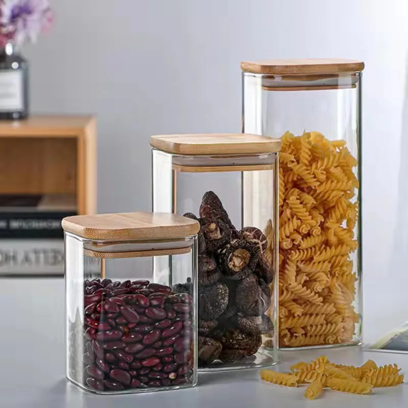 Wholesale High Quality Square Borosilicate 3.3 Glass Jar Food Spice Storage Containers With Bamboo Lid For Kitchen Use