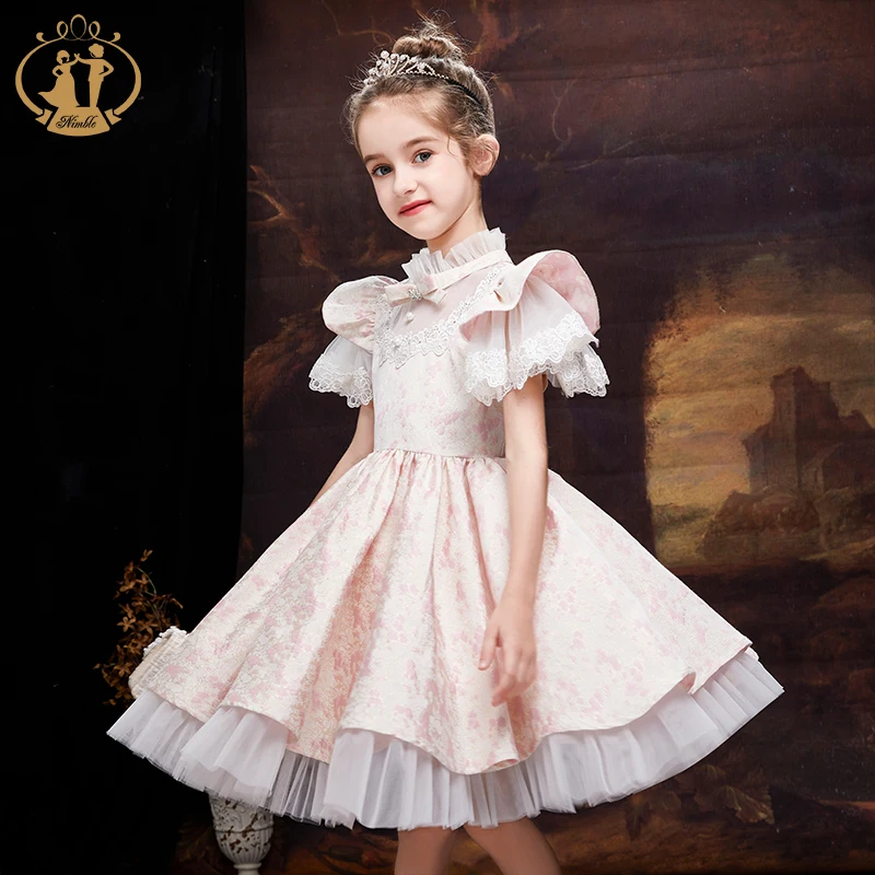 NIMBLE 2022 Jacquard Fabric Beaded Lace Flower Girls Satin Dresses Princess Toddlers Kids Party Ball Gown Holiday Long  Frock