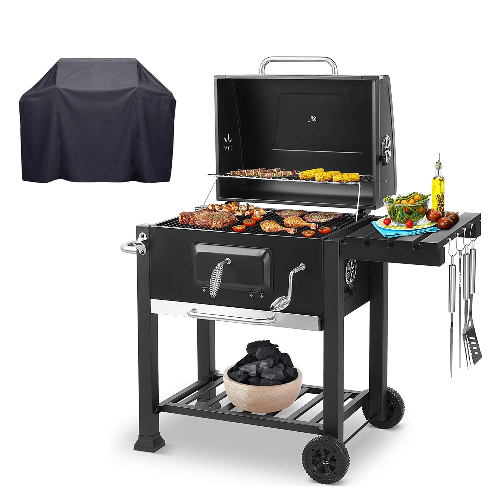 Waterproof 4 adjustable vent charcoal bbq grills with Side Shelf and Hook For Portable courtyard charcoal oven