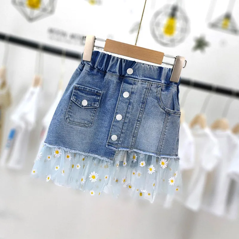 Fashion Asymmetrical Mid Waist Straight Jean Denim Skirt for Kid Girls