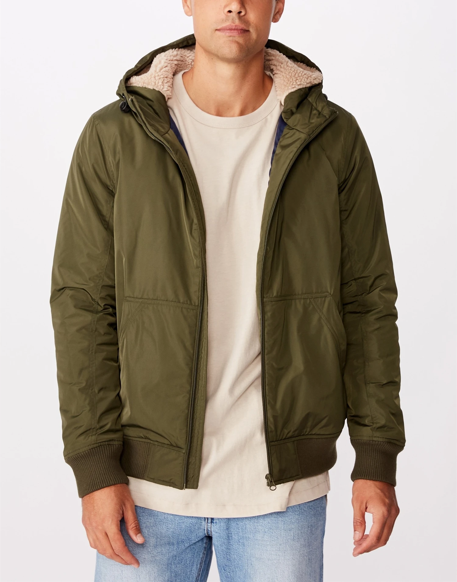 Custom green hooded polyester sherpa man jackets fleece faux fur bomber winter men coats