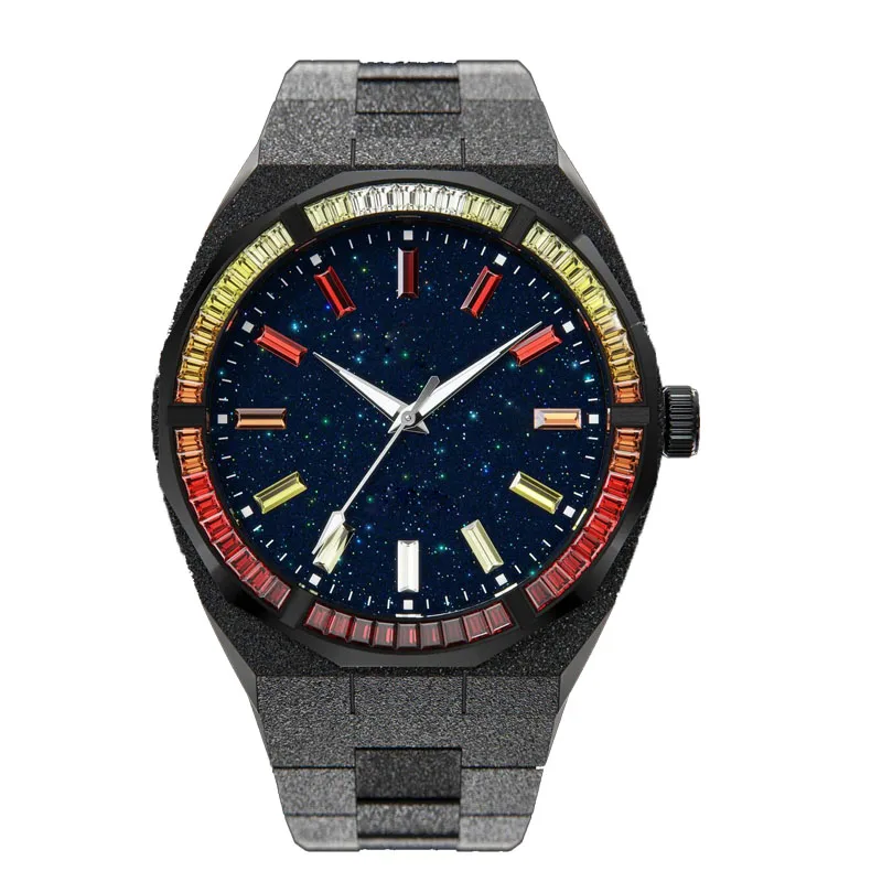 Custom logo Limited 5ATM Waterproof Black Hand-Set Crystal Bezel Frosted Star Dust Men Quartz Watch