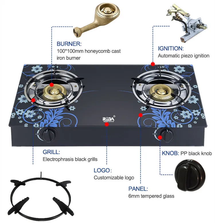 
Hot sale blue printing glass top 2 double black burner liners desktop beautiful gas stove 