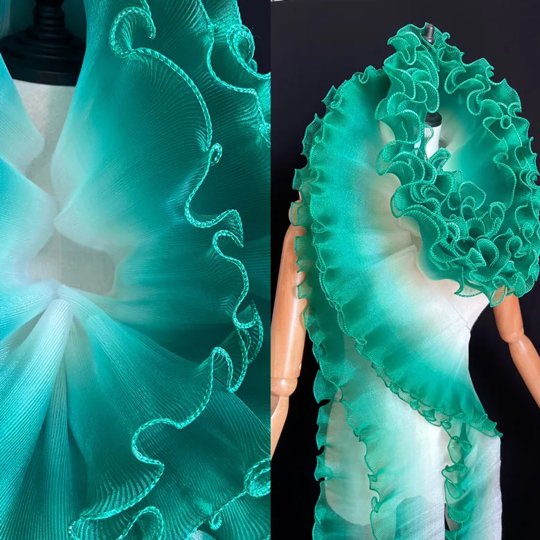 Gradient ruffle edge original three-dimensional pleated large lace iridescent gradient organza fabric