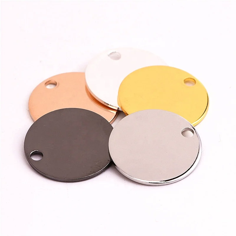 Custom company brand logo stamped engraved metal jewelry round shaped blanks tags charms with jump ring
