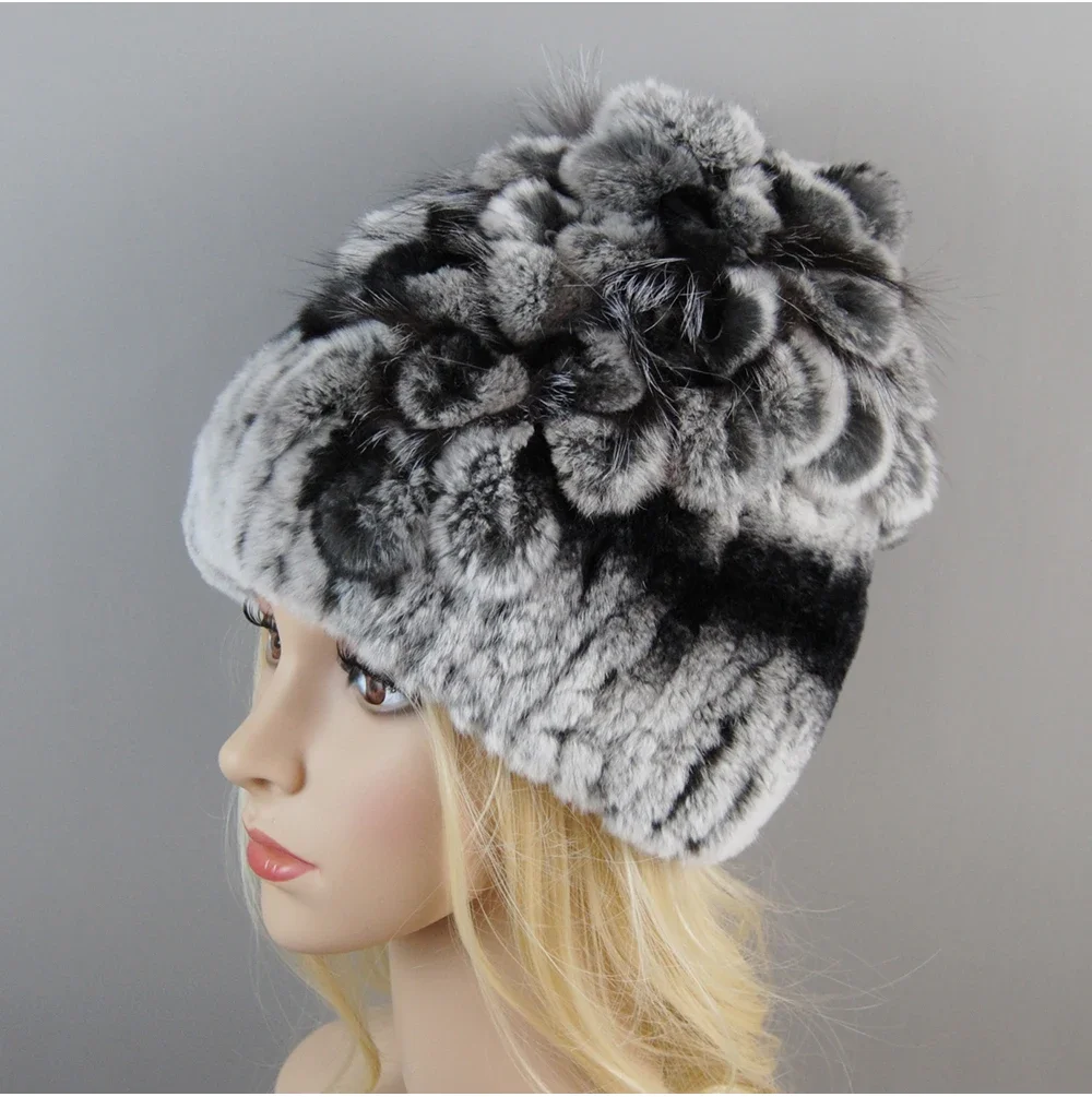 Winter Warm Fur Hat Women Fashion Real Rabbit Fur Hats With Silver Fox Fur Ladies  Beanies Female Winter Hat