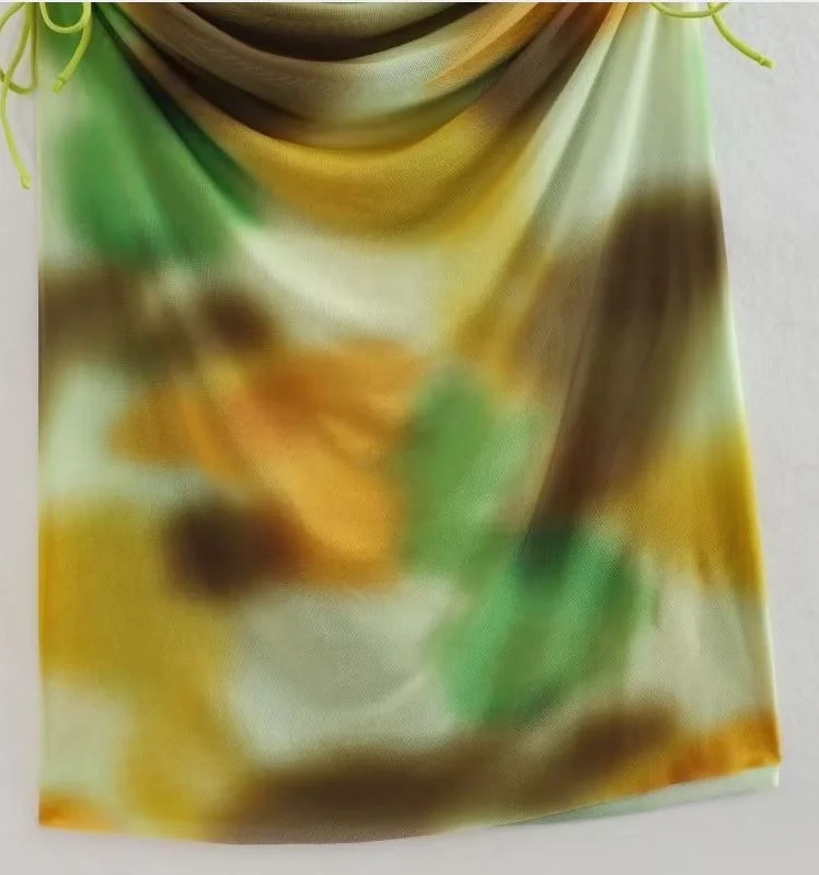 ZHEZHE Summer Latest High Quality Sleeveless Tank Top Tie Dyed Print Ruched Slit Long Maxi Dress Mesh Beach Dresses