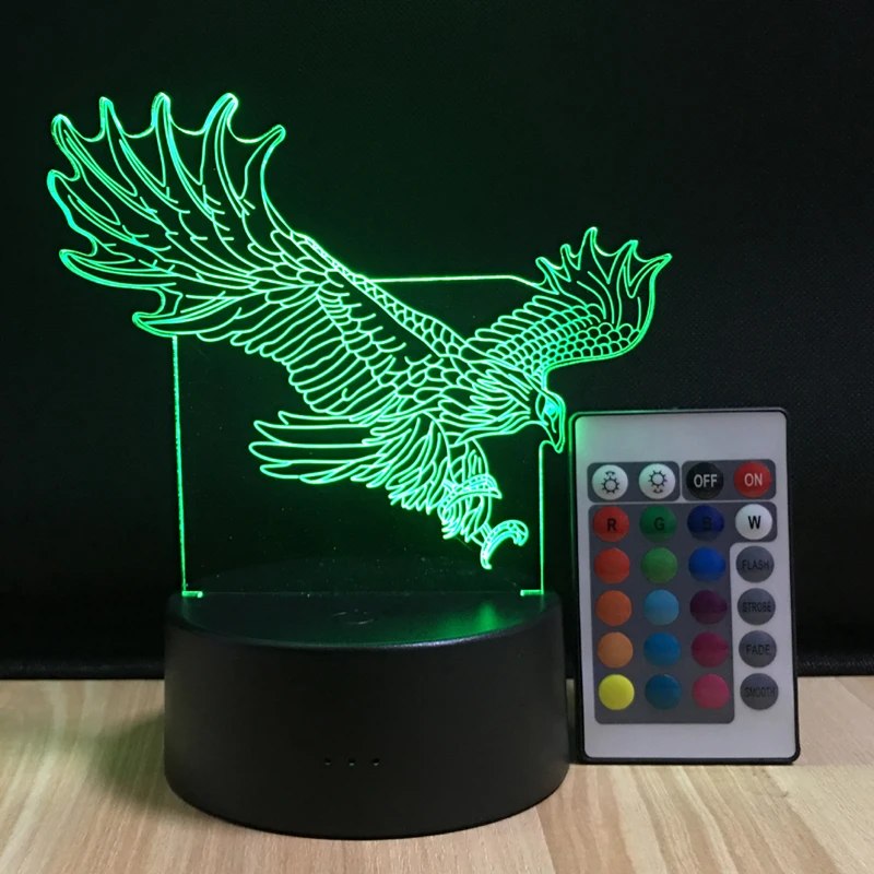 3D Eagle USB Night Light LED Remote Control Table Lamp Illusion 16 Colors Battery Desk Lamp