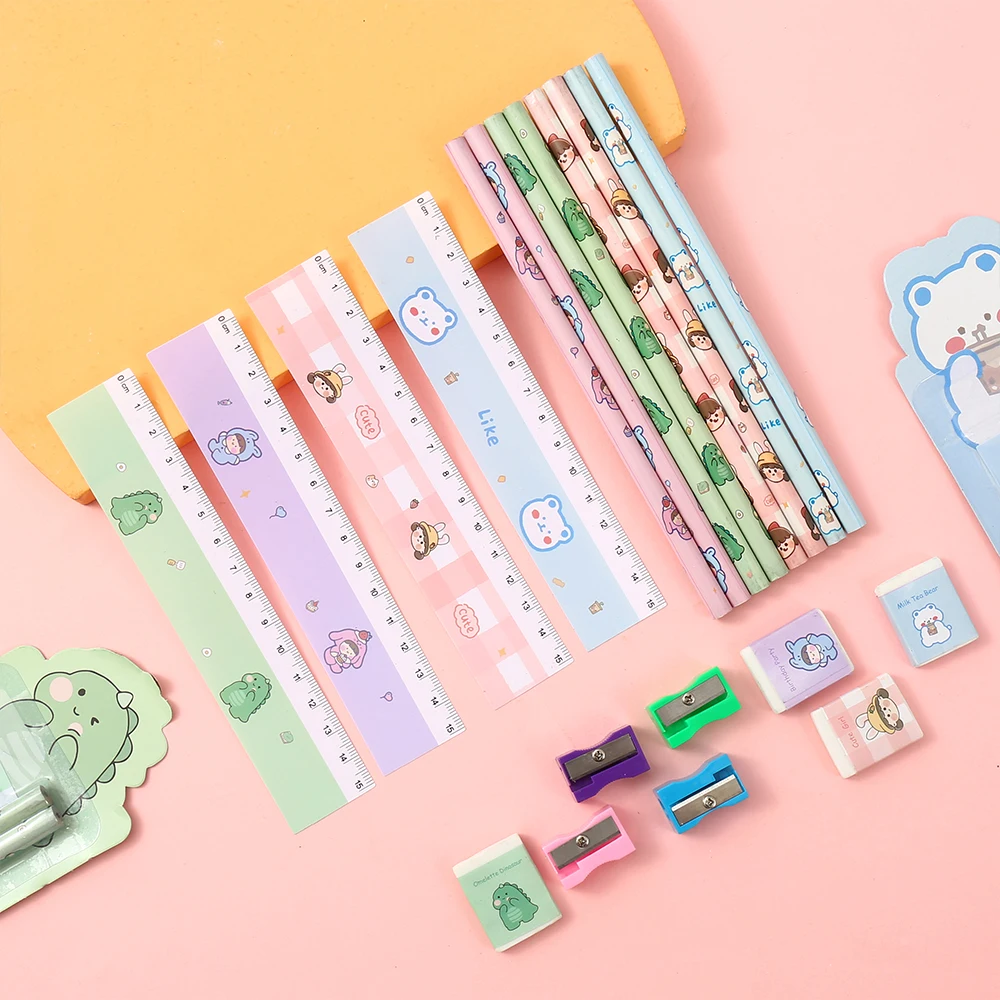 Hot Sale Lovey Stationery Pencil Students Eraser Ruler Sharpener Pencil Set School Rewards Custom