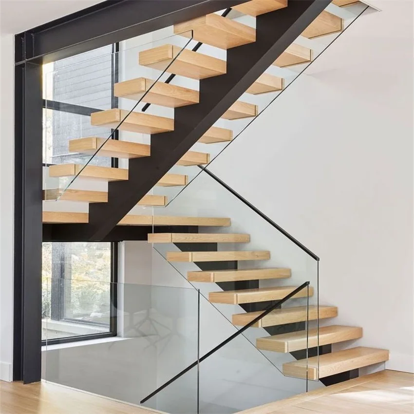 Luxury wood stairs with high end rubber wood stair design interior wood glass railing stairs