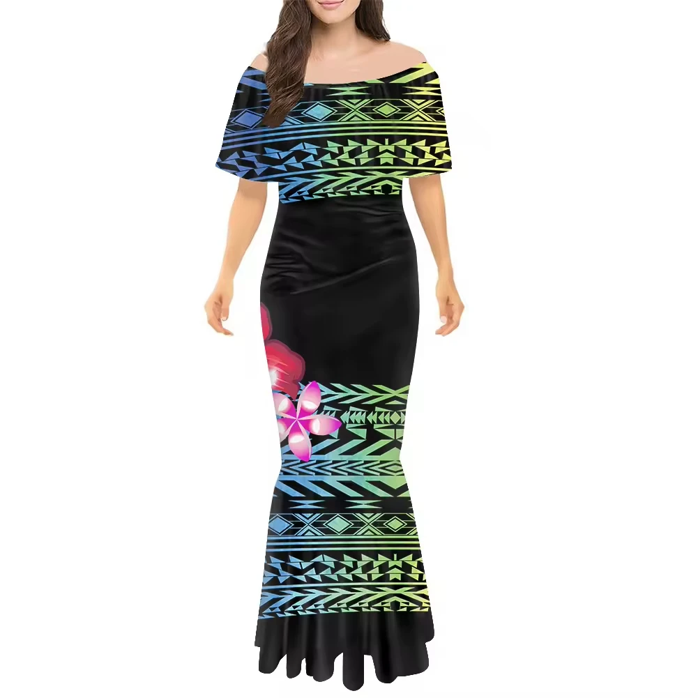 Polynesian Tribe Custom Fiji Mermaid Maxi Dress Melanesian Festival Women Elegant Off Shoulder Tight Sexy Dress