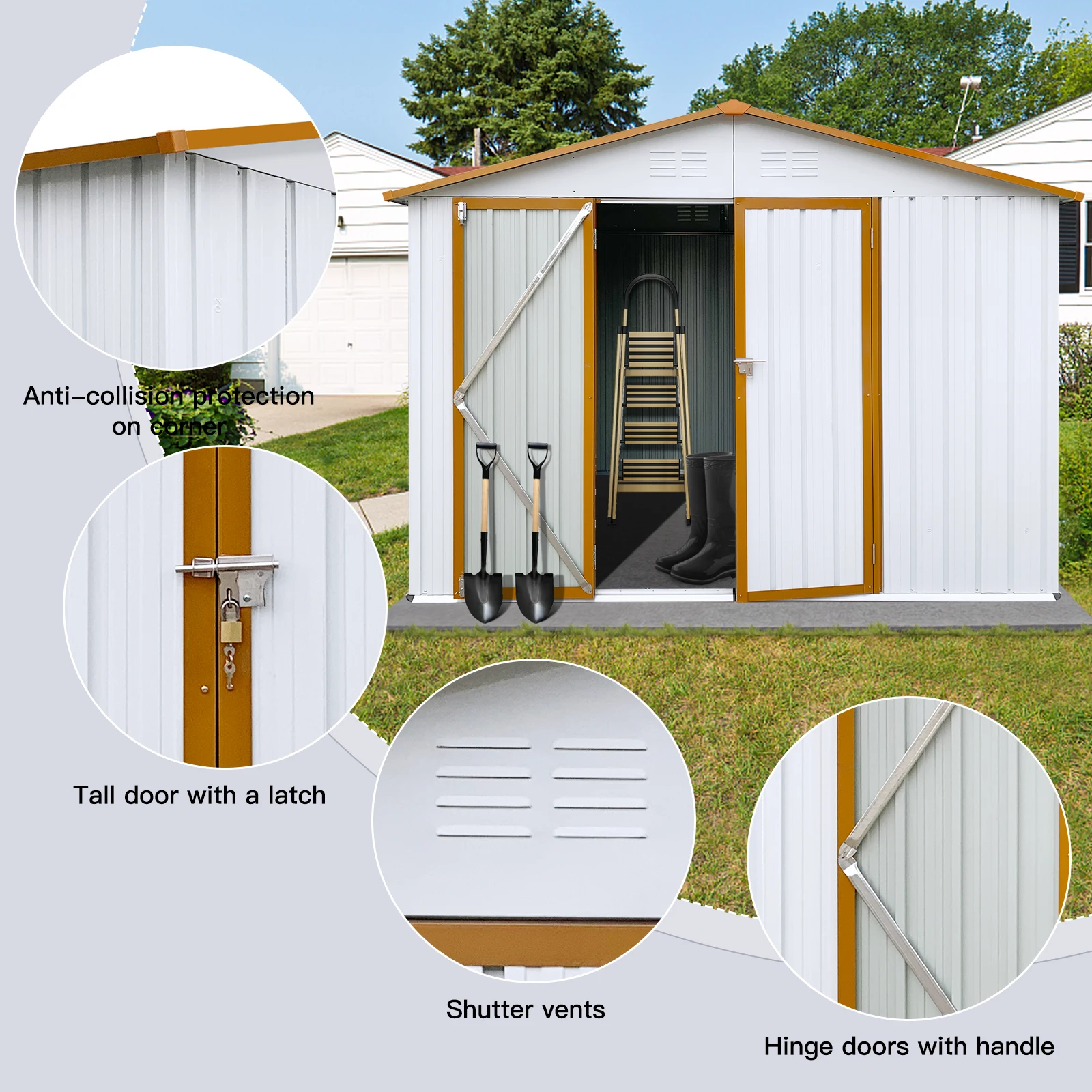 8 x 6 FT peaked tool house padlockable two-door storage shed with 4 perforated vents