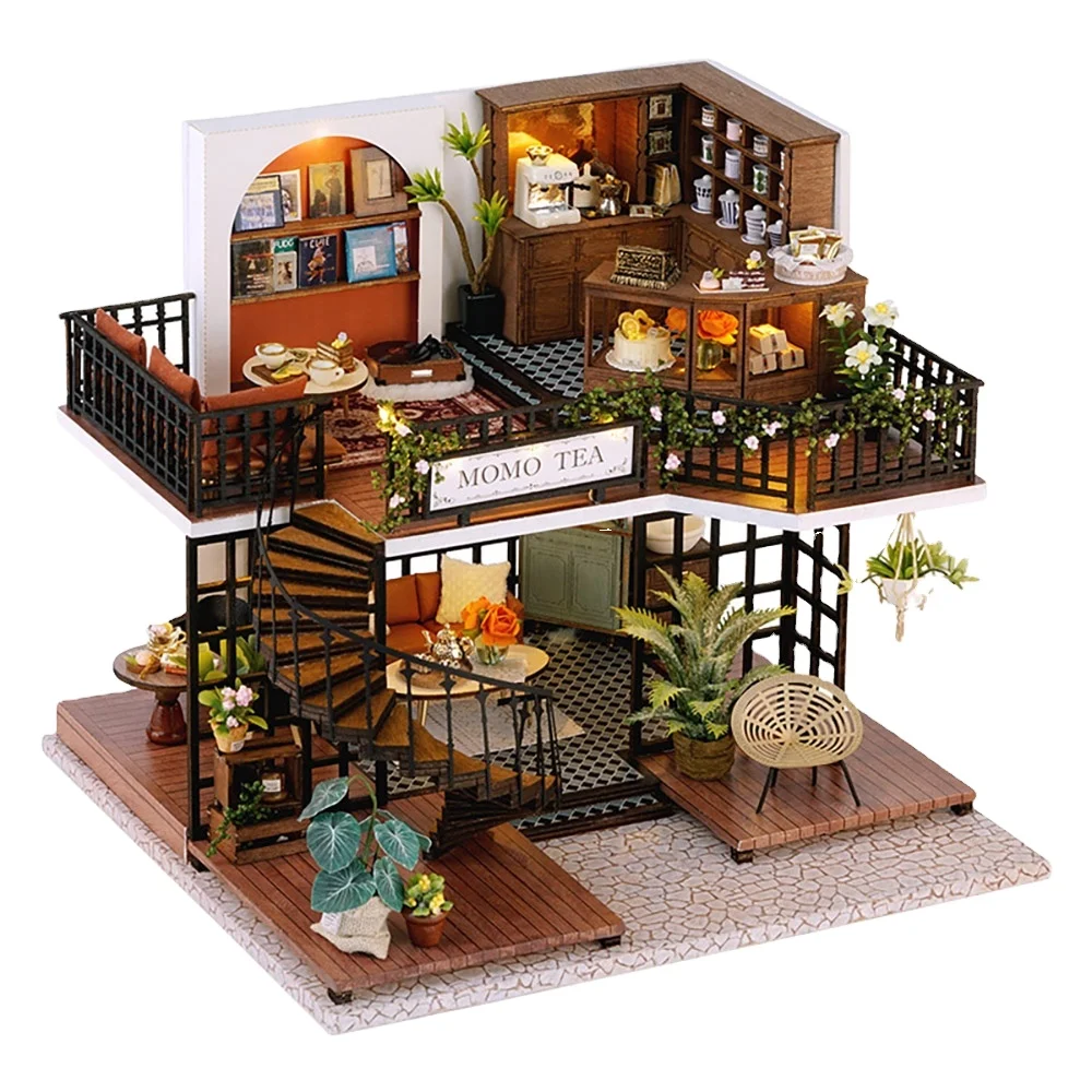 miniature toys Wholesale Forest Teashop Wooden Miniature Puzzle DIY Toys Doll House Kit  (dust cover and music box included)