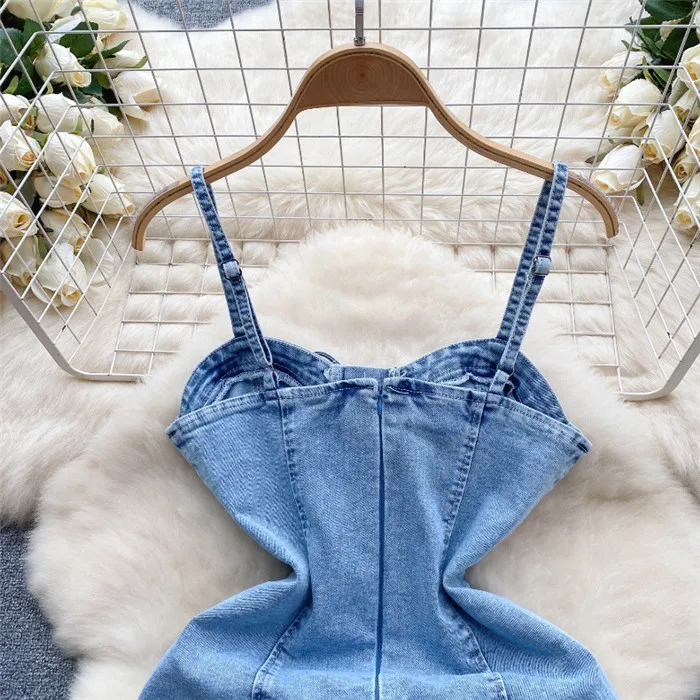 Spring Korean-style Outfit - Sweet Tied Belt Denim Skirt with Slim Fit Short Strap Dress for Women Exuding an Elegant Atmosphere