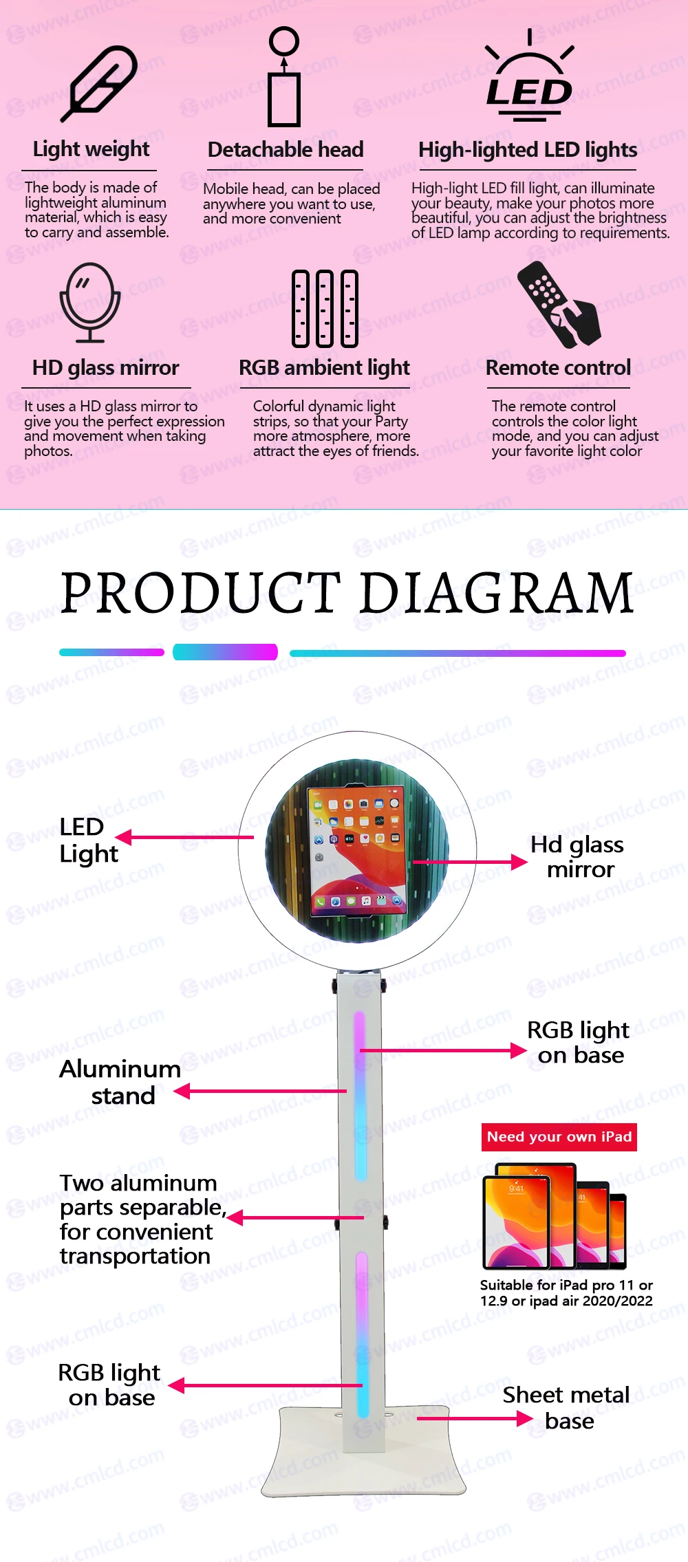 New design iPad photobooth mobile head aluminum portable magic mirror photo booth shell with RGB base
