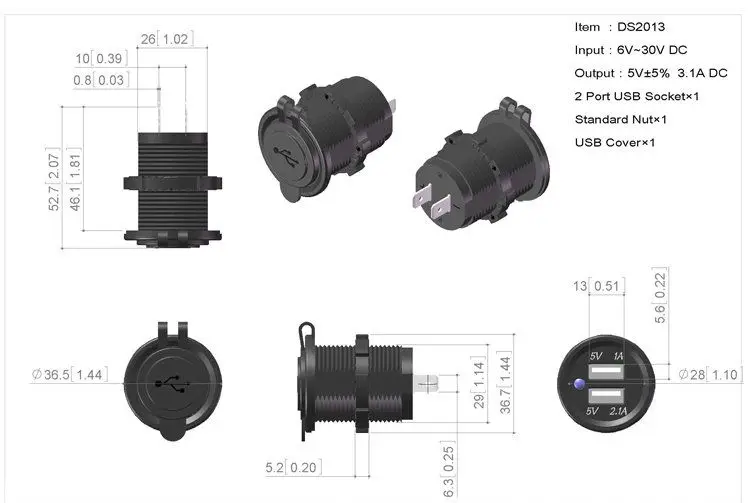 12V/24V Car Boat Marine Motorcycle Dual USB Charger Socket Power Outlet 1A &2.1A (3.1A) for RV Truck Camper Vehicles
