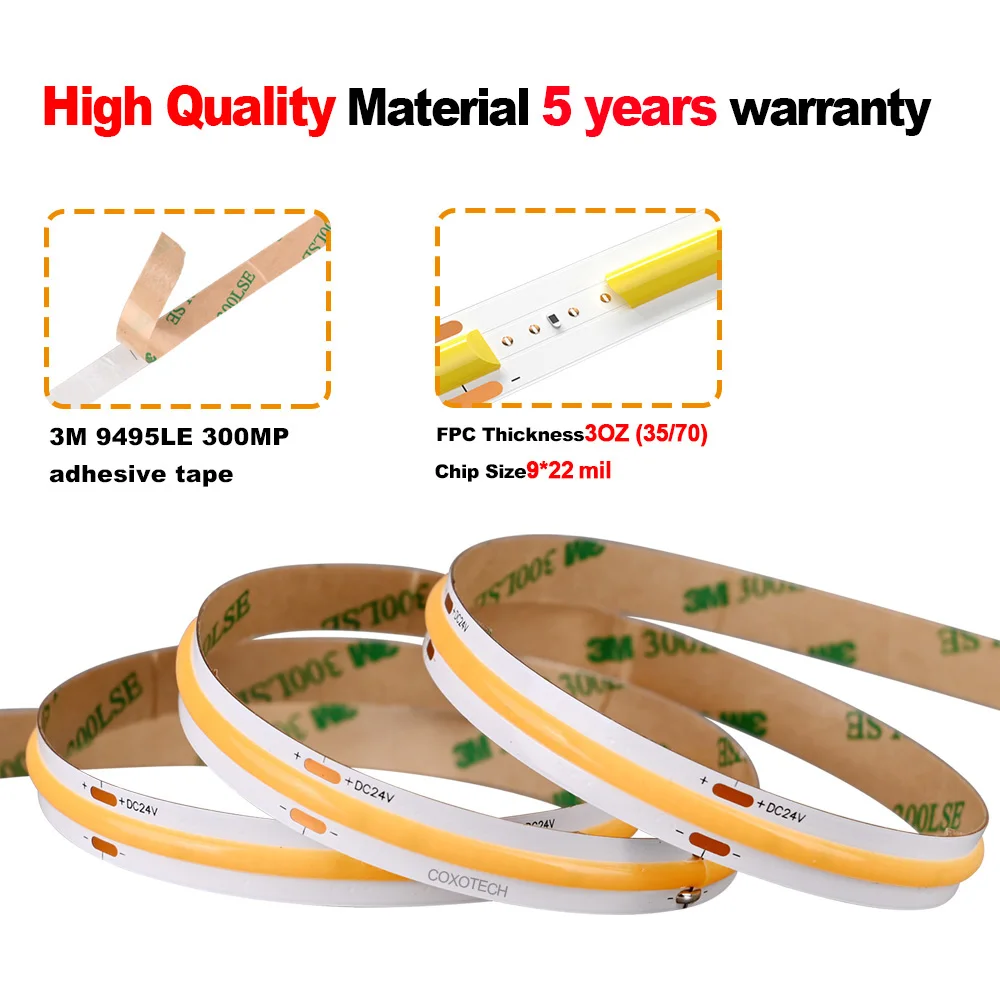 COXO CE ROHS High efficiency COB led strip 5 years warranty Ra95 2000lm high Brightness COB led strip light