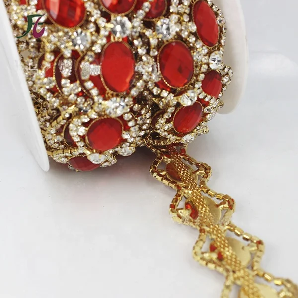 
wholesale Red AB crystal cup chain flower transfer diamond rhinestone roll for india ethnic clothing 