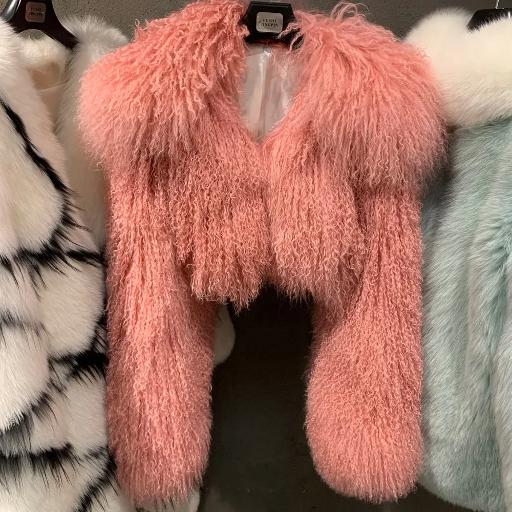 Female Mongolia Sheep Fur Jackets Women Natural Fur Coat Ladies Fur Cropped Jacket Outerwear