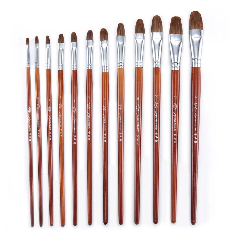 12pcs artist painting filbert wolf weasel hair paint round brush set