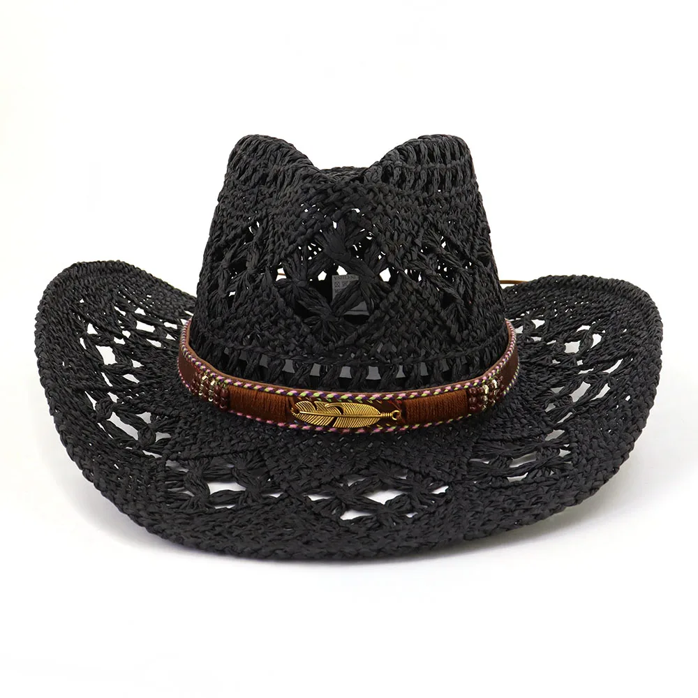 High Quality Custom Hollow Straw Cowboy Western Hat With Feather LOGO Straw Beach Hat Summer Sun Panama Hat Women