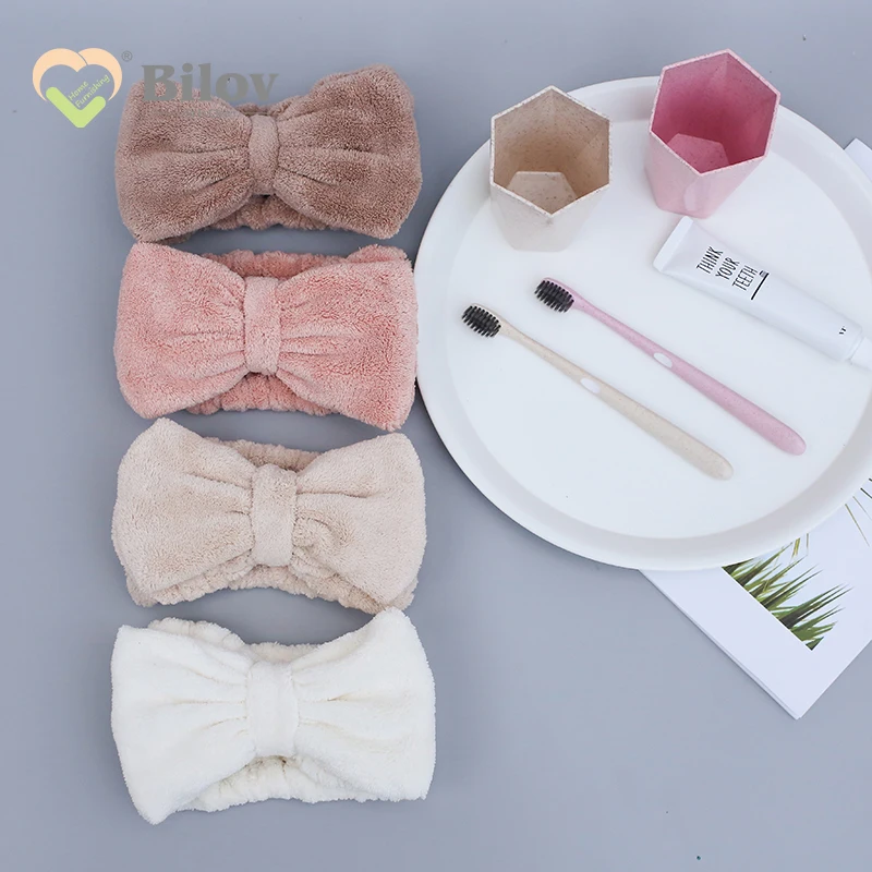Custom Women Softness Ladies Bathroom Skin Care Head Hair Band Coral Fleece Face Wash Ladies Spa Headband With Bow