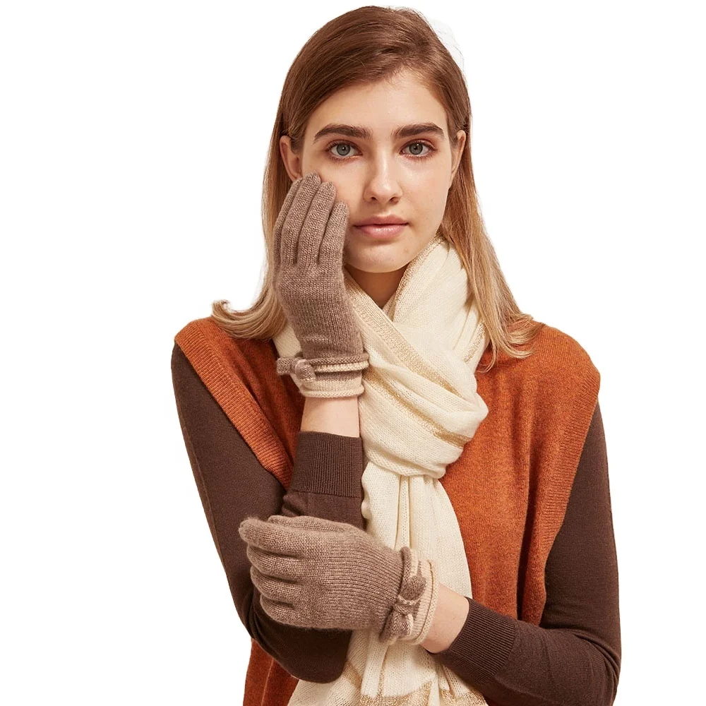
OEM Pure cashmere knitted for women in autumn and winter five finger cashmere gloves 