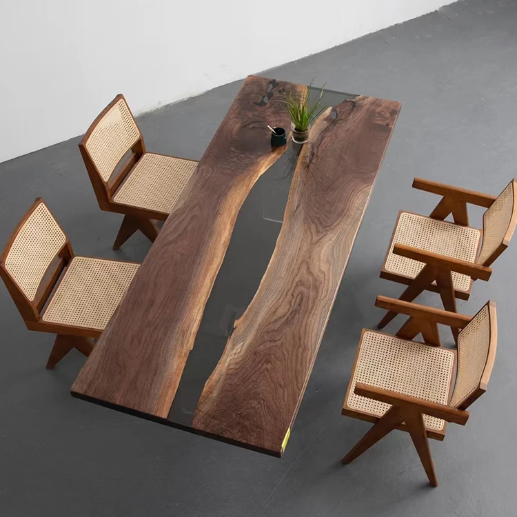 Black and wood epoxy resin dining table, black walnut and epoxy resin dining table
