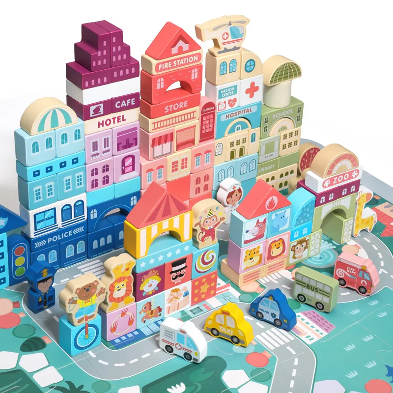2024 New Style Wooden Toys City Park Building Blocks Wooden City Street View Building Blocks Wooden Traffic Blocks Toys