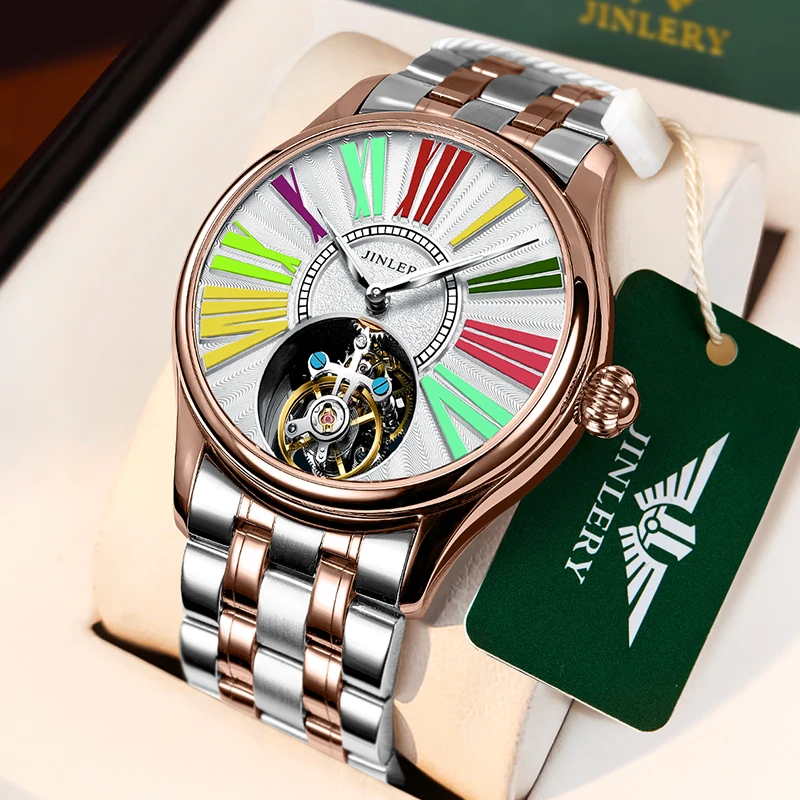 JINLERY tourbillon watches men wrist waterproof stainless steel customized LOGO strap mechanical tourbillon watch
