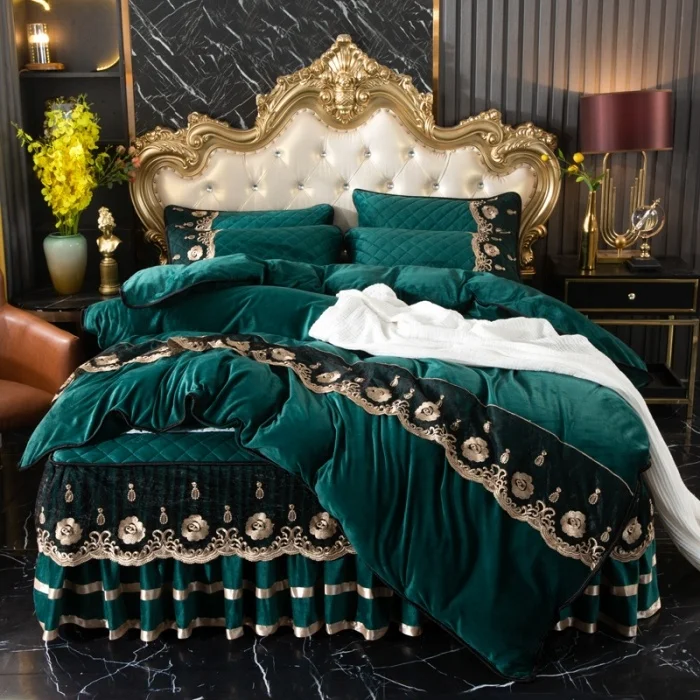 New AMZ Hot Luxury Bed Skirt Sets Queen King Size Crystal Velvet Lace Bed Skirt Milk Velvet Polyester&Cotton Bed Skirt Set 4Pcs