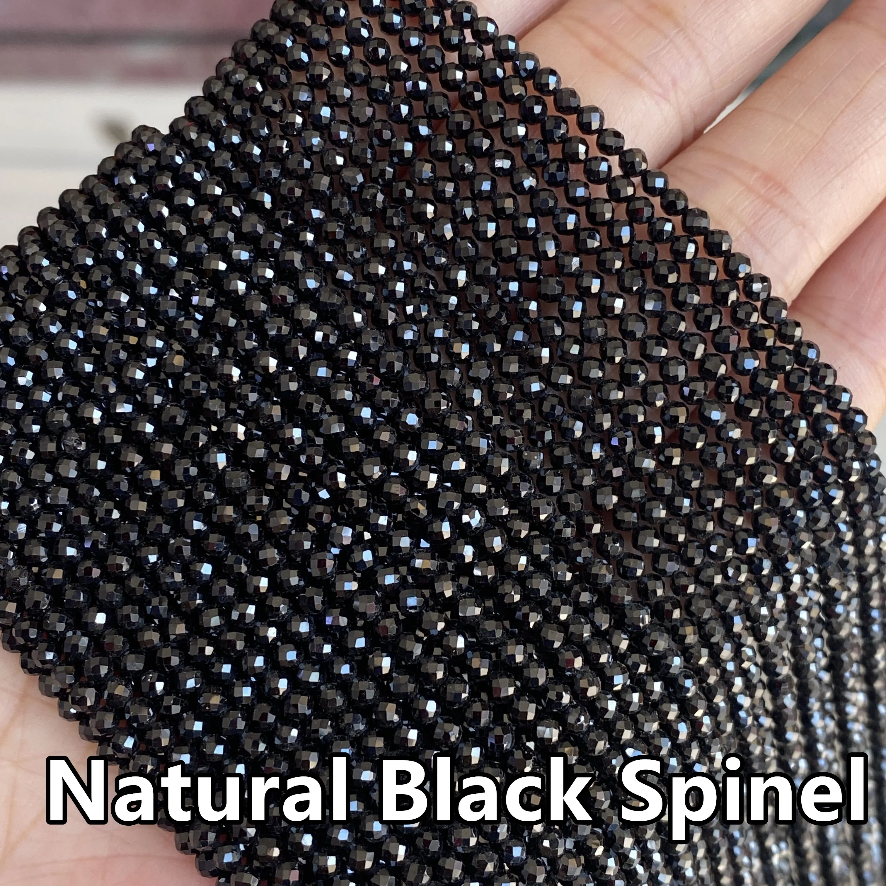 Natural Stone 2mm 3mm 4mm Faceted Cutting Loose Round Black Spinel Beads for Jewelry Making