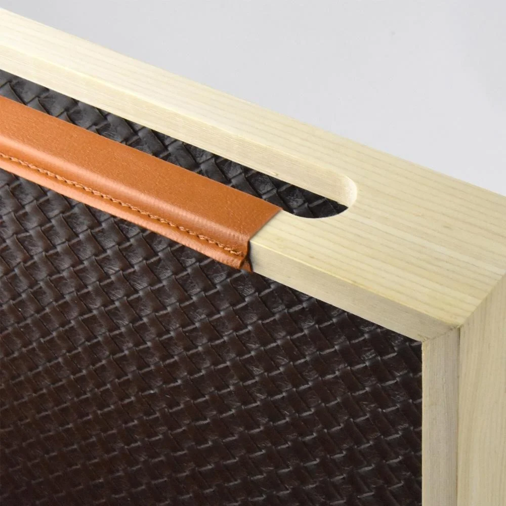 Hotel Leather  Wood Serving Tray with Handle