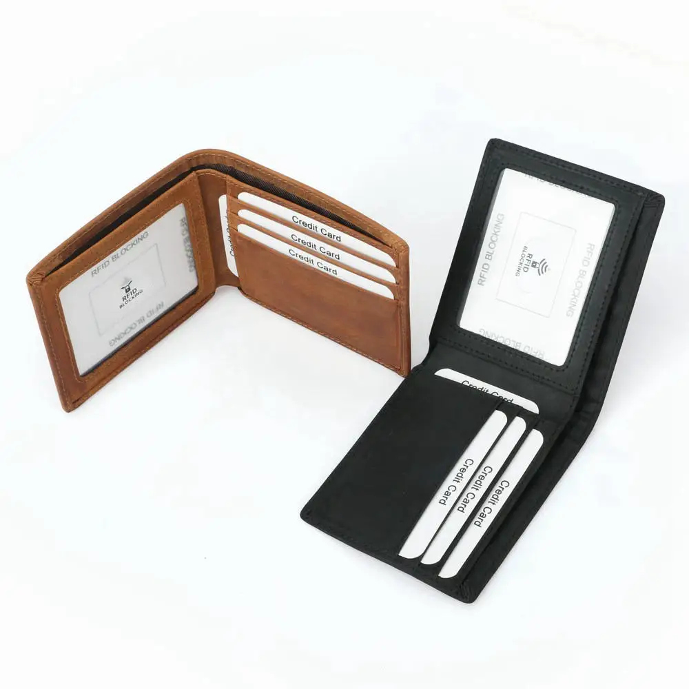 Wholesale RFID blocking bifold minimalist crazy horse genuine leather credit card wallets for men