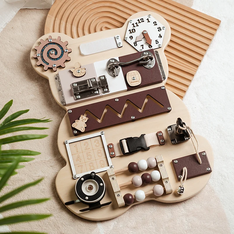 Busy Board for Toddlers Montessori Sensory Wooden Activities Edcucational Toys to Develop Fine Motor Skills with 10 Locks (Bear)