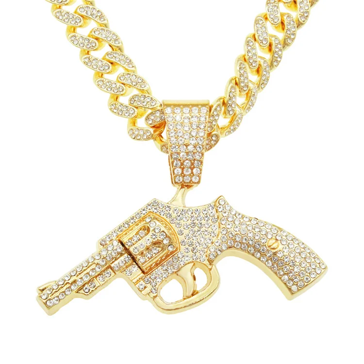 Hip Hop Jewelry 18k Gold Plated short Gun Pendant Iced Out Diamond Cuban Chain Necklace For Men