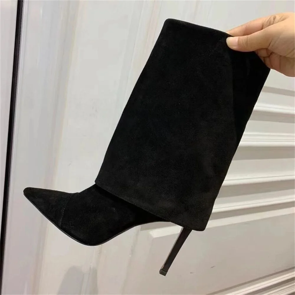 Winter Pointed Toe Slip On Ankle Boots Ladies Turned-Over Edge Suede Short Booties Women Stiletto High Heel Shoes
