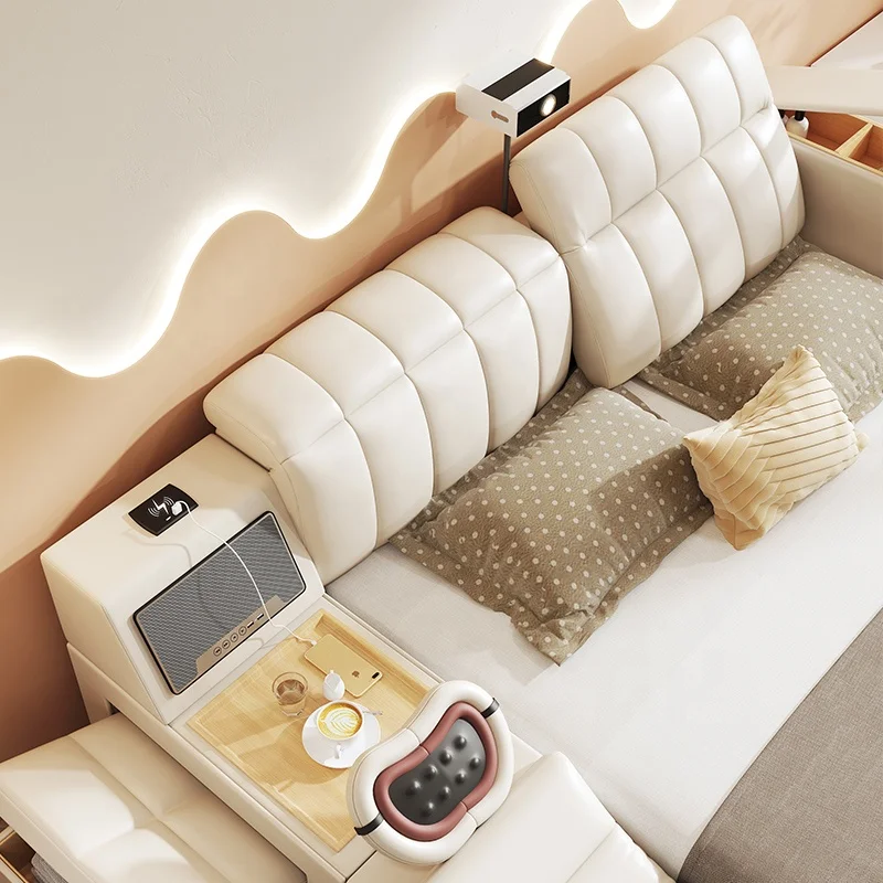 2024 Modern Luxury Multifunctional Genuine Leather Smart Bed with HD Projector Massage Tatami Master Room  Marriage Bed