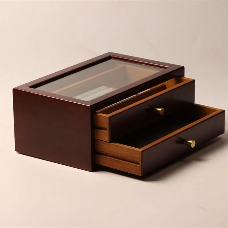 Double Layers Solid Wood Drawer Case Ring Earring Watch Jewelry Storage Wooden Box With Glass Window