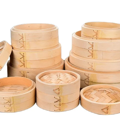 10 Inch Bamboo Vegetable Steam Pot 2 Tier Bao Buns Basket Containers With Custom Logo Box