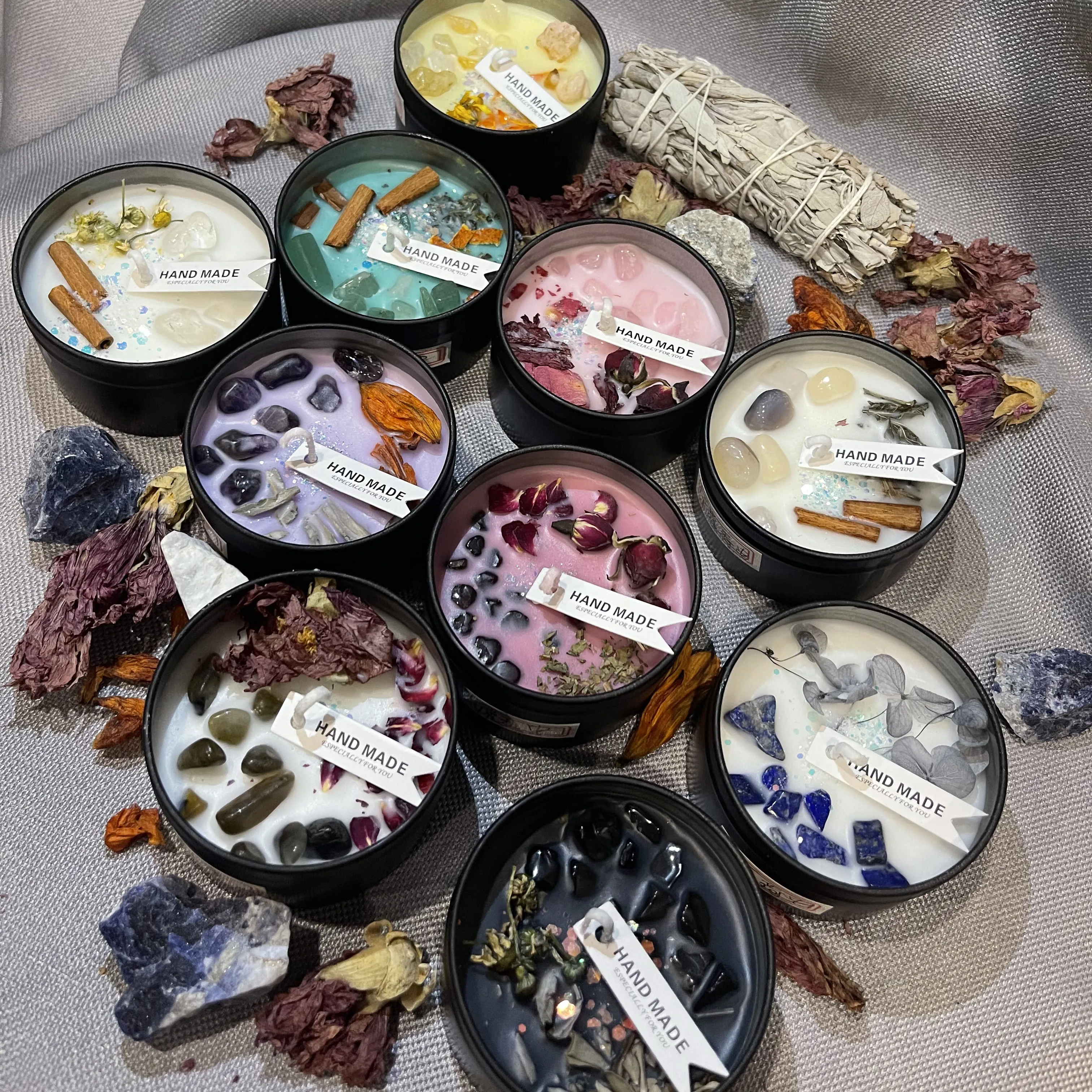 Low MOQ handmade scented soy wax tarot spiritual healing tin unique crystal candles with crystals