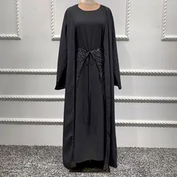 2022 New Women Fashion Muslim Suit 3 Piece Set with Long Sleeve Dress Wrap Skirt Kimono Open Robe with Rhinestones