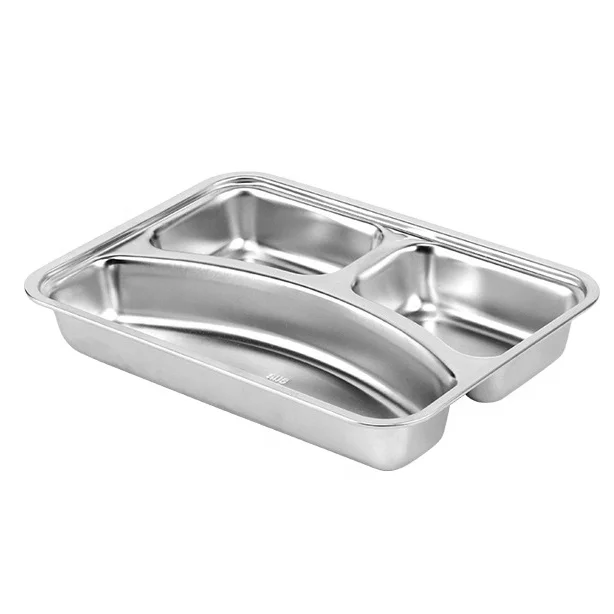 School canteen home 3 compartment food container bento divided plate stainless steel food tray for kid