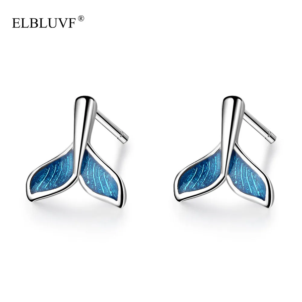 
ELBLUVF New 2020 Simple Copper White Gold Silver Color Platinum Plated Blue Glue Fish Tail Earrings For Women 