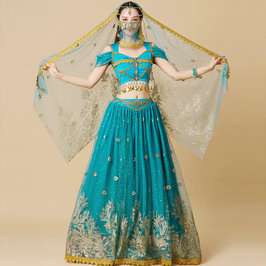 Ladies Halloween Dress Up Shiny Golden Pattern Indian Cosplay Aladdin Jasmine Princess Belly Dance Bollywood costumes for adult