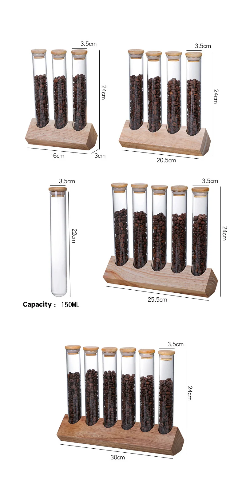 Glass Coffee Beans Storage Tubes Glass Jars with Airtight Lid with Wooden Base for Coffee Beans Tea Cereals