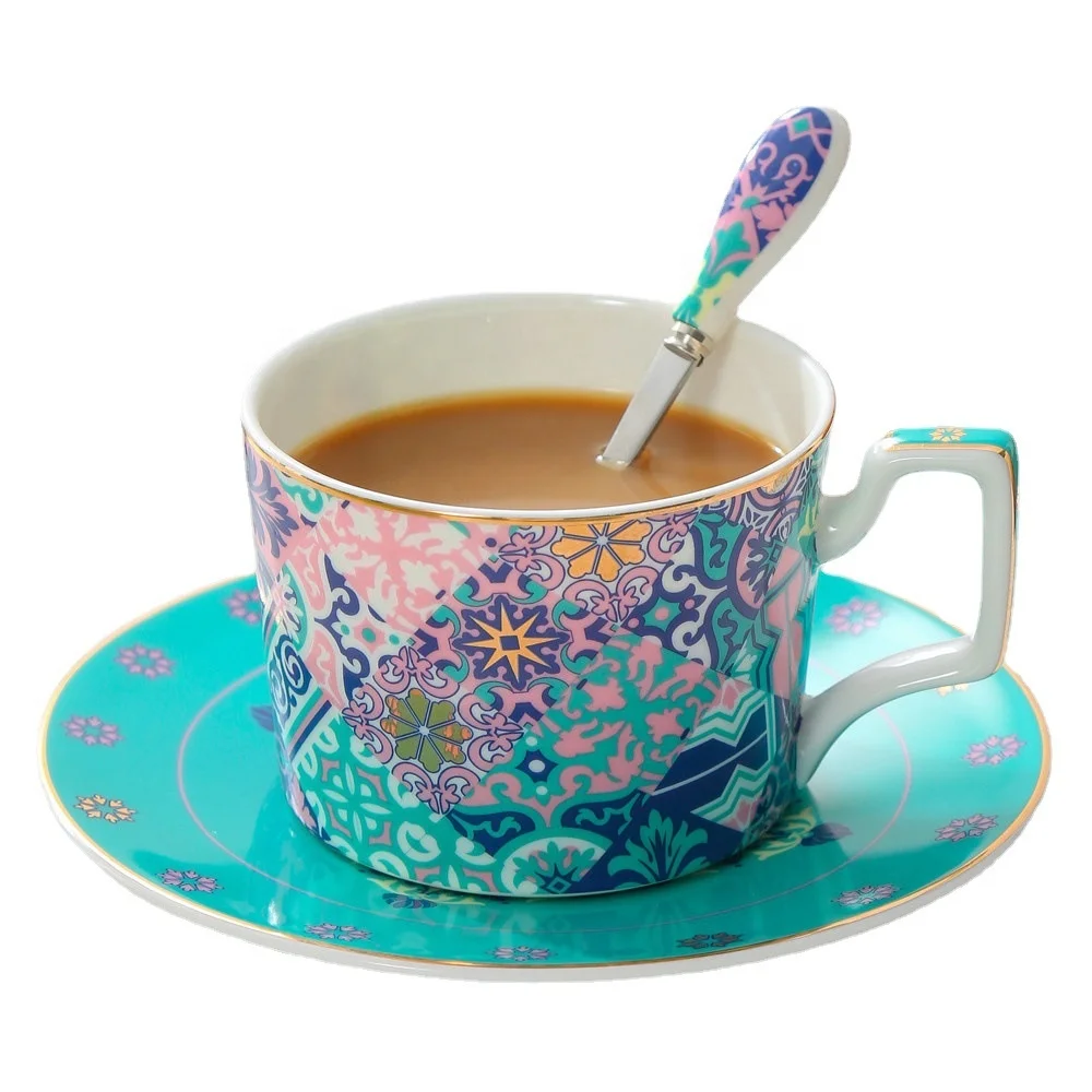 New Chinese Style Tableware Luxury Sky Blue Gift Box Golden Coffee Cup Ceramic Tea Cup for Hotel Restaurant Home