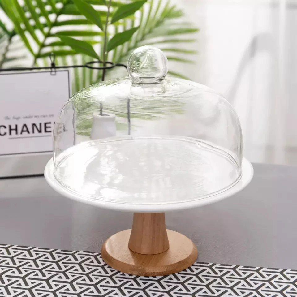 Home Hotel Store European Dustproof Display Glass Cover Cake Decorations ceramic Cake Stand With Glass Cover