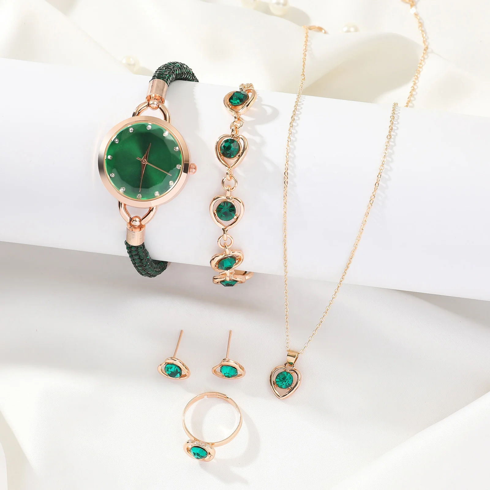 Vogue Elegant 5PCS Watch Gift Set Green Diamond Women Watch Set Minimalist Quartz Ladies Watch Set